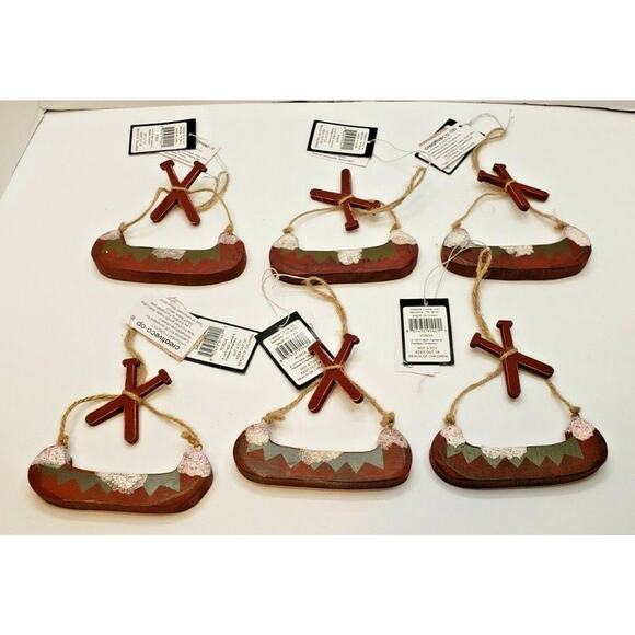 New Set of 6 Wood Canoe Glitter Creative Co-Op Christmas Tree Ornament Lake - Picture 1 of 5